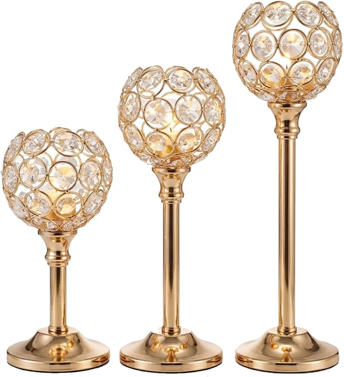 Candle Holder Candlestick Holders- 1Set Gold Crystal Pillar Candle Holders,Metal Candlestick Stands for Wedding Centerpieces,Table Decor for Church,Valentine's Day Housewarming Gift,3Pcs