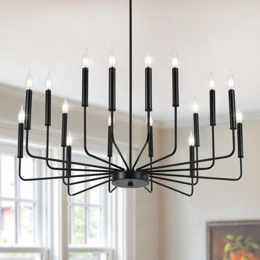 Modern Black Farmhouse Chandeliers, 16-Light Industrial Metal Chandelier Lighting, Classic Candle Hanging Pendant Light Fixtures for Kitchen Island, Living Room, Dining Room, Stair
