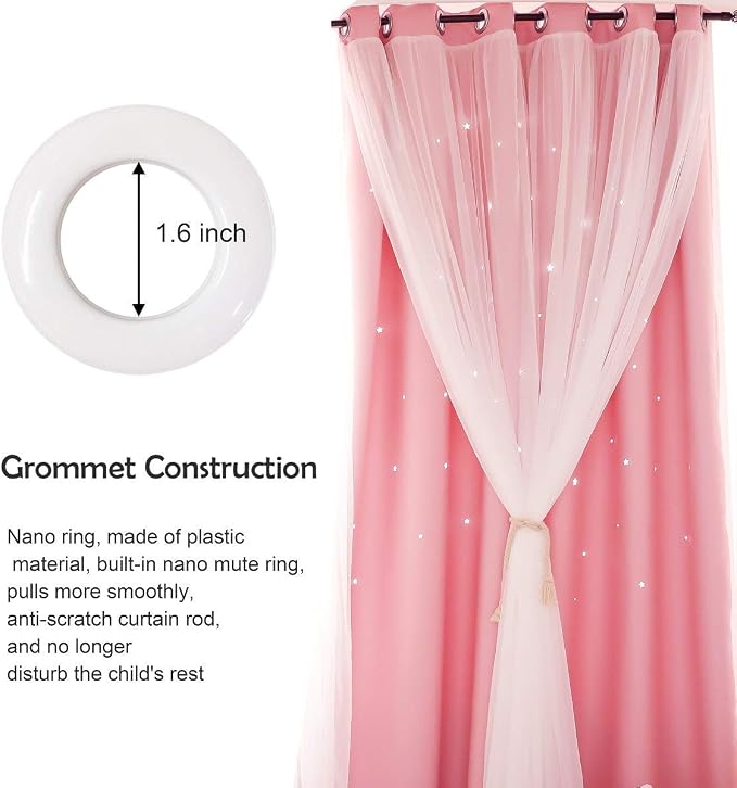 UNISTAR 2 Panels Stars Blackout and Sheer Curtains for Bedroom Girls Kids Baby Room, Double Layer Star Cut Out Living Room Window Curtain, W42 x L84 Inches Long, Pink