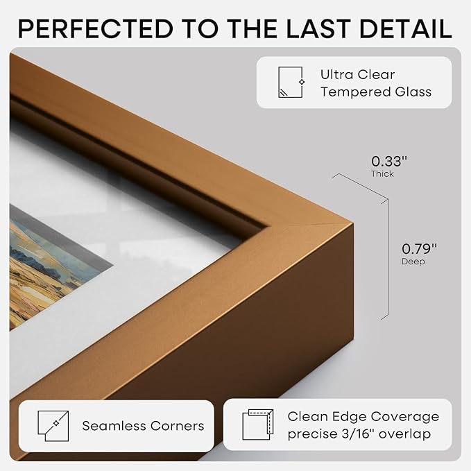 Homeforia 20x27 Picture Frame Bronze, High End Metal 20x27 Brass Poster Frames with Mat 16x24 Photo, 20 x 27 Frame Matted to 16 by 24 inch Print, 27by20 Thin Frames, Tempered Glass, Wall Kit, Set of 3