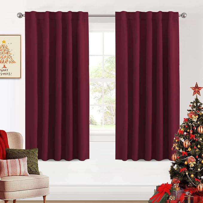 H.VERSAILTEX Christmas Blackout Curtains Thermal Insulated Window Treatment Panels Blackout Drapes for Living Room Back Tab/Rod Pocket Bedroom Draperies (2 Panels, Burgundy, 42 x 63 Inch)