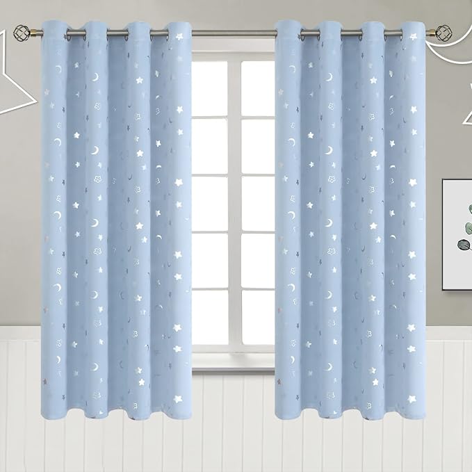 BGment Nursery Curtains for Boys Bedroom, Star and Moon Blackout Curtains for Kids Room, Girls Thermal Insulated Room Darkening Window Curtains Drapes with Grommet 63 Inch Long, Spa Blue, 52 Wide