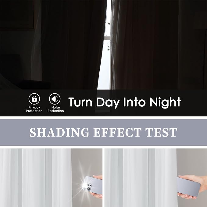 Bujasso White Full Blackout Curtain Panels with Sheer Overlay Mix and Match Double Layer Thermal Insulated Window Treatment Set for Living Room White Drapes with Tiebacks Grommet Top 37" Wx63 Lx2