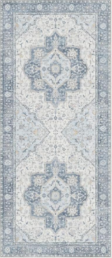 GENIMO Runner Rug 2'6"x8 Machine Washable Non Slip Vintage Hallway Runner Rug, Low Pile Lightweight Rugs for Indoor Entryway, Hallway, Kitchen and Corridor, Light Blue Beige
