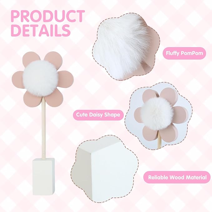 3 Pack Daisy Nursery Shelf Decor, Wooden Spring Flower with Pompom Pistil Boho Baby Girl Nursery Room Decoration Bohemian Cute Wall Art for Bedroom Kindergarten Classroom Playroom Bookshelf Gift