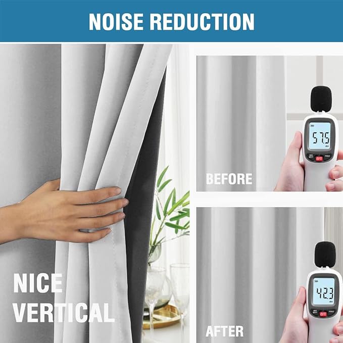 H.VERSAILTEX 100% Blackout Curtains for Bedroom with Black Liner Full Room Darkening Curtain 45 Inch Long Thermal Insulated Back Tab/Rod Pocket Window Drapes for Living Room, 2 Panels, Greyish White