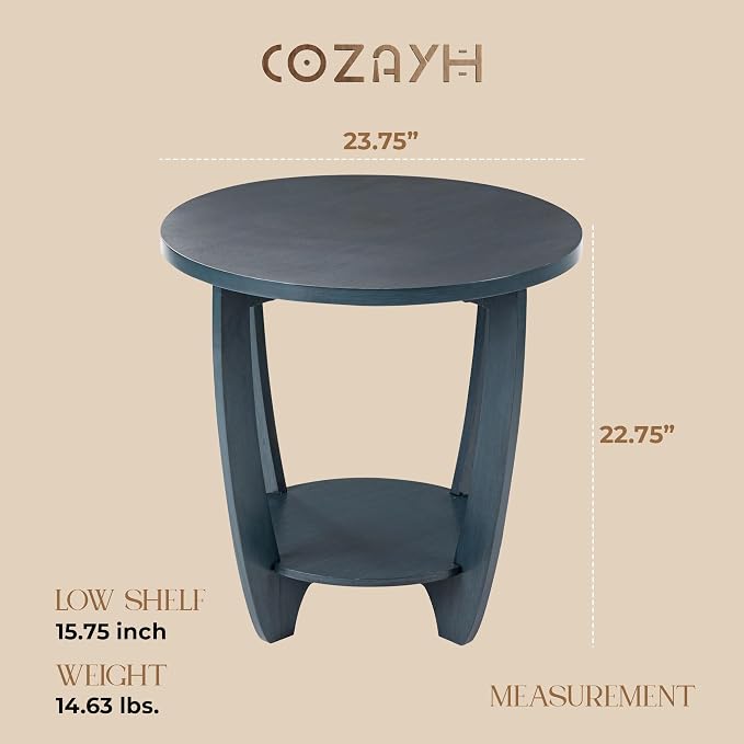 COZAYH Rustic Farmhouse End Table with Storage Shelf, French Country Modern Round Accent Side Table for Small Spaces, Vintage Blue Finish