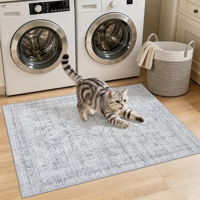 Machine Washable Area Rugs 2x3: Vintage Boho Neutral Washable Rug Indoor Soft Small Entryway Throw Carpet for Living Room Bedroom Kitchen Laundry Floor Non-Slip Low Pile Entrance Rug Gray