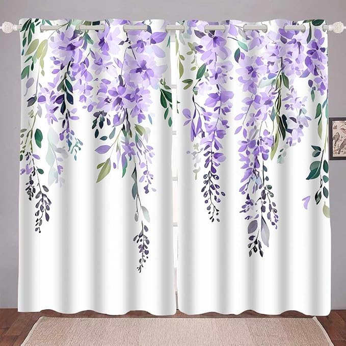 Purple Watercolor Floral Curtains, 52x84 inch, 2 Panels | Botanical Leaves Vine Wisteria Flowers, Rustic Farmhouse, Blackout Window Treatment, For Bedroom Living Room
