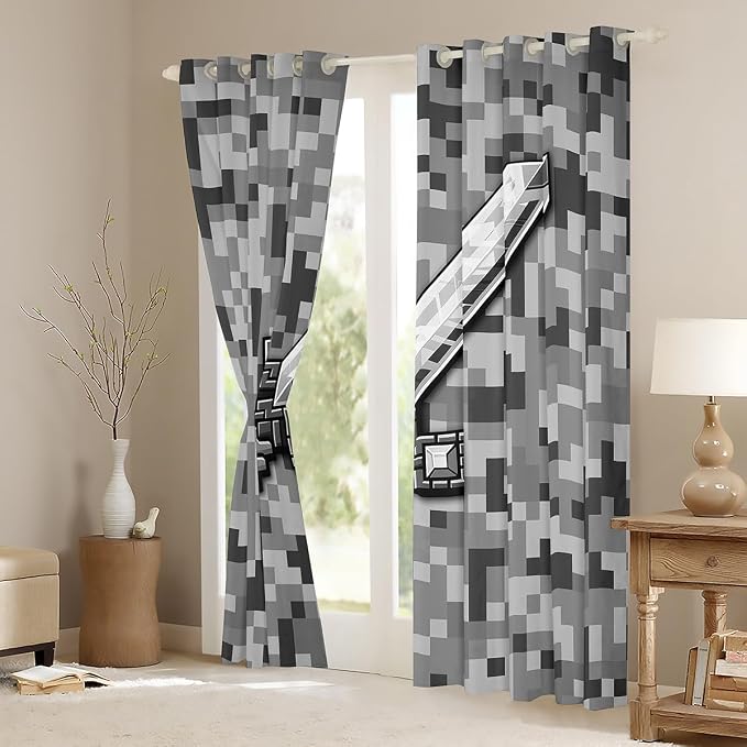 Castle Fairy Grey Pixel Style Window Curtain,Geometric Miner Grid Privacy Blackout Curtain for Window Cool Sword Shade Windows Covering for Bedroom Video Games Drapes 2 Panels,42Wx84L