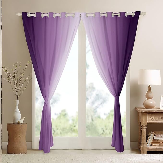 jejeloiu (2 Panels, 52 x 90 Inch Purple and White Darkening Drapes Gradient Style Curtains for Bedroom for Kids Women Men Ombre Printed Blackout Curtains Geometric Window Treatments