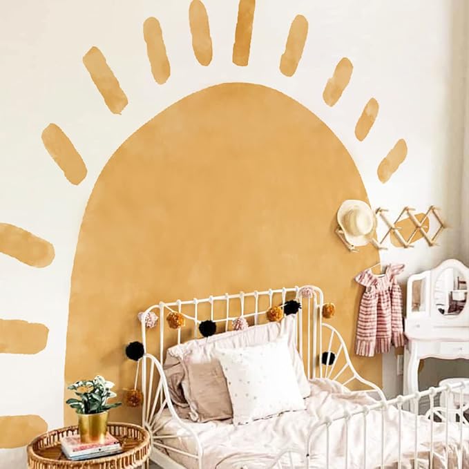 Large Fabric Watercolor Boho Half Sun Wall Decals Peel and Stick, Pastel Sunrise Mural Stickers, Sunshine Wall Arch Art Decor for Kids Baby Room Playroom Nursery Bedroom, 94.49" x 70.87"