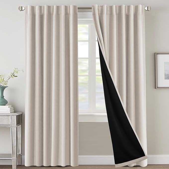 H.VERSAILTEX 100% Blackout Curtains for Bedroom with Black Liner Full Room Darkening Curtain 84 Inch Long Thermal Insulated Back Tab/Rod Pocket Window Treatment Drapes for Living Room, 2 Panels, Fog
