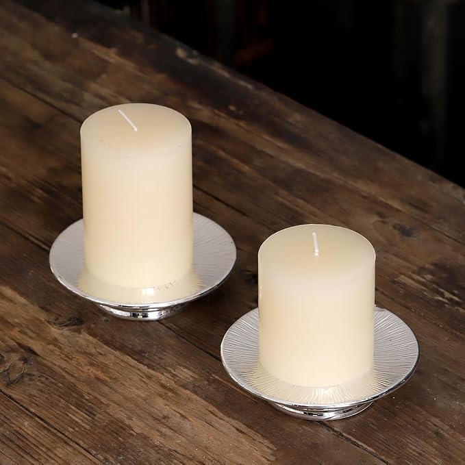 Metallic Silver Ceramic Candle Plate and Jewelry Dish Set of 2, 5" Diameter
