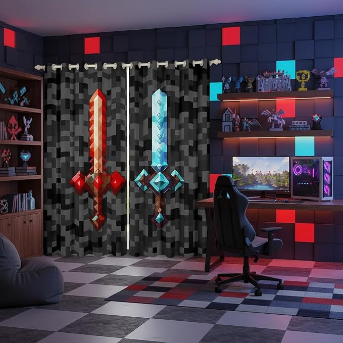 Castle Fairy Red Blue Sword Bedroom Decor Curtains,Sandbox Building Games Window Curtain,Kids Boys Pixelated Style Swords Window Treatment Grey Black Camo Blackout Drapes 2 Panels,38Wx45L