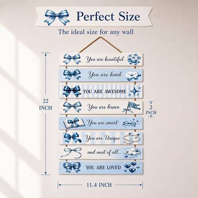 Cute Blue Bow Room Decor Set of 8 with Led Light for Teen Girls Kids Toddler, Preppy Inspirational Bow Wood Nursery Wall Decor for Dorm Bedroom, Dreamy Cozy Chic Motivational Princess Room Decor