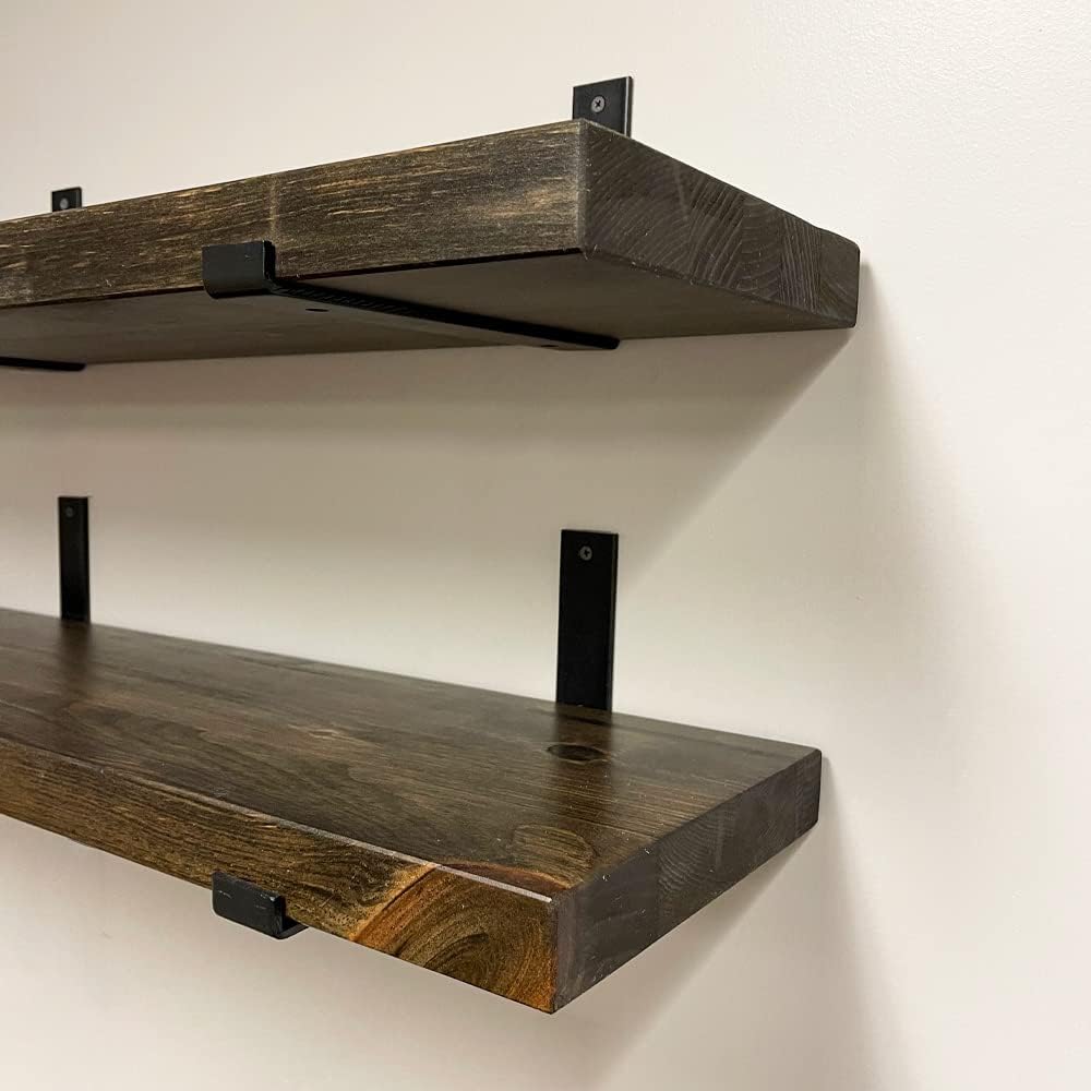 Rustic Shelves with J-Brackets Set of 2, Industrial Shelf, Kitchen Shelves, Solid Wood, Decorative Wall Storage, Heavy Duty, URBANDI (Dark Brown, 12Wx12D)