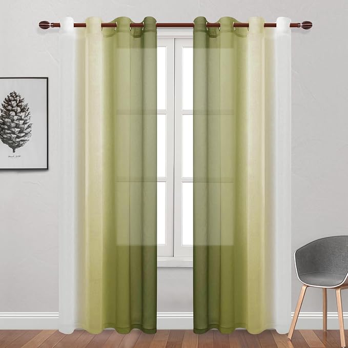 DWCN Ombre Faux Linen Sheer Curtains - Semi Voile Gradient Bedroom and Living Room Curtains, 52 x 96 Inches Long, Set of 2 Grommet Top Window Curtain Panels,Olive Green