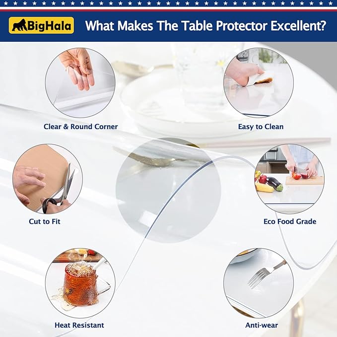 Round Clear Plastic Tablecloth Table Protector Furniture Circle Cover Vinyl Waterproof Wipeable PVC Water Heat Resistant for Dining Bed Side Table Top Topper Cover Glass Desk Mats Pad 42 Inch Diameter