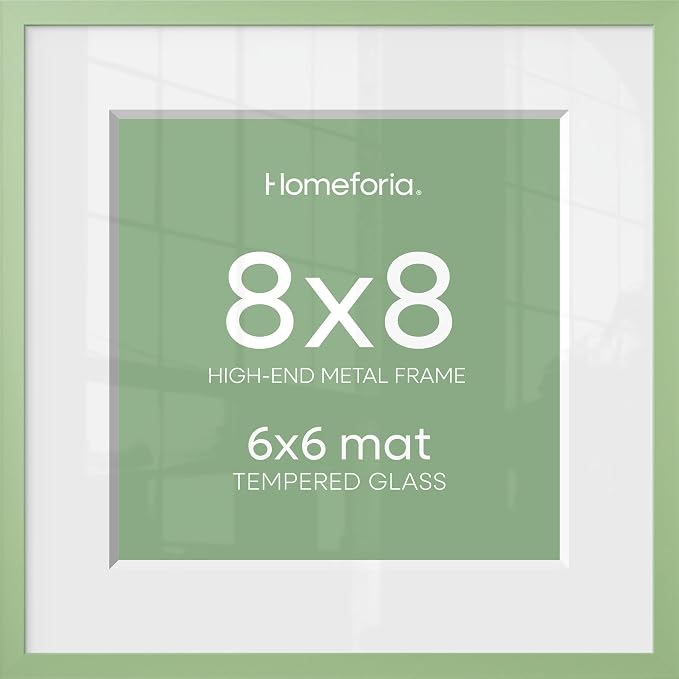 Homeforia 8x8 Sage Green Frame, High End Metal 8 x 8 Square Picture Frames with Mat 6 by 6 Photo, 8x8 Display Frame Matted to 6x6 Print, 8by8 Wall or Tabletop Frames, Tempered Glass, Wall Kit, Set of 1