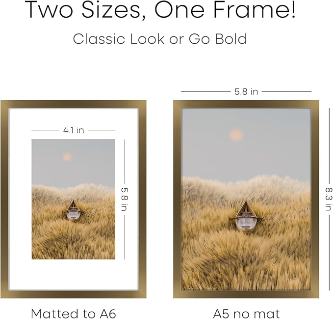 Homeforia A5 Picture Frame Bronze, High End Metal 5.8 x 8.3 Frame Matted to 4.1 x 5.8 Photo, A5 Frame with Mat A6 Art, 5.8x8.3 Poster Frames, 8.3x5.8 Display Frames, Tempered Glass, Wall Kit, Set of 2