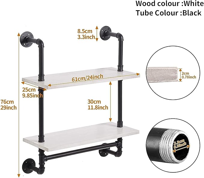 ROGMARS White Bathroom Floating Shelves for Wall Industrial Pipe Shelving | 24 Inch Wall Mounted Shelves with Towel Bar Hooks Coffee Bar Shelves Wine Hanging Display Rack Bookshelf Living Room Decor