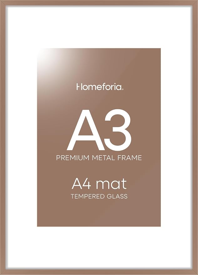 Homeforia A3 Picture Frame Mocha, High End Metal 11.7 x 16.5 inch Poster Frames with Mat 8.3 x 11.7 for Photo, A3 Size Frames Matted to A4 Print, 11.7x16.5 Wall Hanging Frame, Tempered Glass, Set of 2
