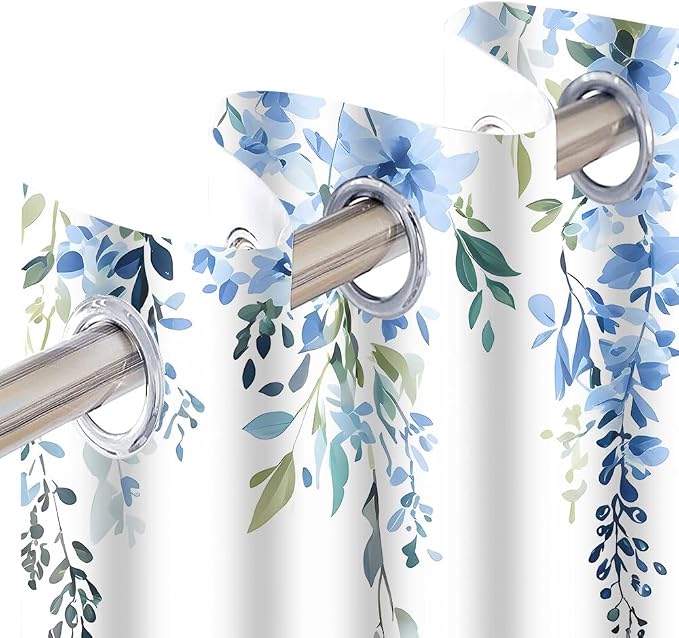 Blue Watercolor Floral Curtains, 52x84 inch, 2 Panels | Botanical Leaves Vine Flowers, Rustic Farmhouse, Blackout Window Treatment, For Bedroom Living Room