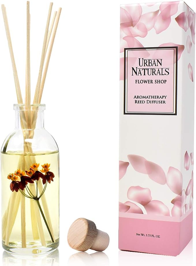 Urban Naturals Reed Diffuser Set, Flower Shop - Bathroom Shelf Décor | Violets, Daisies, Hyacinth & Rose Fragrance Notes, Real Flower inside the Bottle Made in the USA, Great Gift for Mom