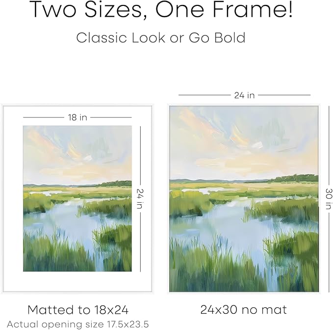 Homeforia 24x30 Poster Frame White, High End Metal 24 x 30 Picture Frames with Mat 18 by 24 inches Photo, 24x30 White Frame Matted to 18x24 Print, 30x24 Large Frame, Tempered Glass, Wall Kit, Set of 2