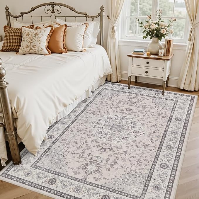 5x7 Area Rugs for Living Room: Vintage Boho Neutral Washable Rug Indoor Soft Large Area Rug Carpet for Bedroom Nursery Farmhouse Dining Room Office Floor Non-Slip Low Pile Under Table Beige & Grey