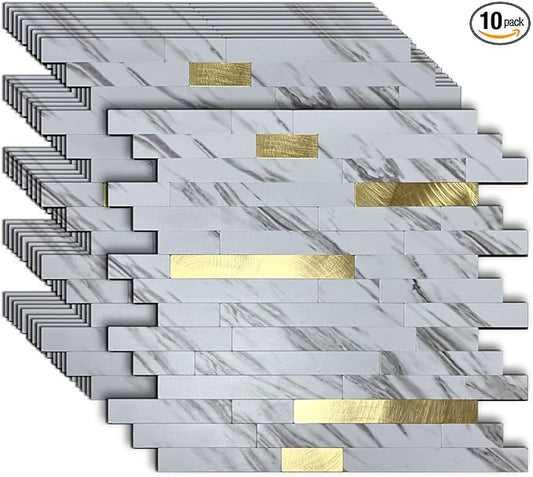 10-Sheet Peel and Stick Backsplash Tile, PVC Mixed Meta,l Stick on Kitchen, Bathroom Vanities, Fireplace Décor, Laundry Table(11.2" X 12.7") (10, White Marble + Golden)