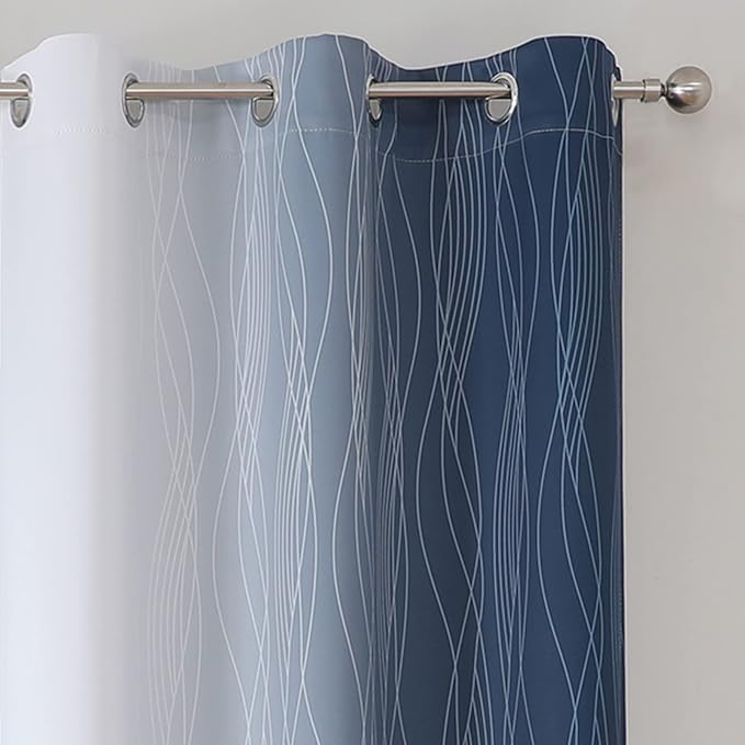 Estelar Textiler Navy Blue and Greyish White Blackout Curtains 45 Inch Length, Light Blocking Gradient Drapes for Short Window, Thermal Insulated Grommet Ombre Curtains for Bathroom,42Wx45L,2 Panels