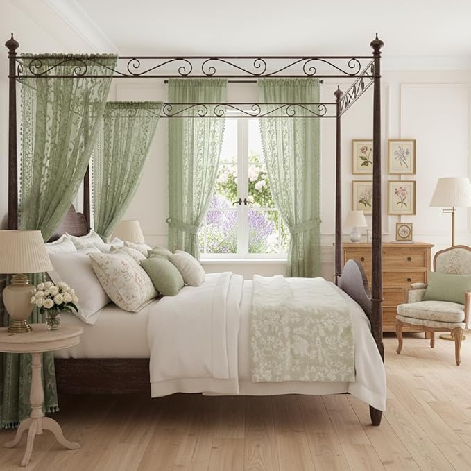 WAZZIO Boho Lace Curtains 2 Panels 84 Inch -Vintage Victorian Sheer Panel Drape French Country Floral Pattern & Tassel Light Filtering Privacy for Bedroom Dining Living Room,Light Sage Green,W52x L84