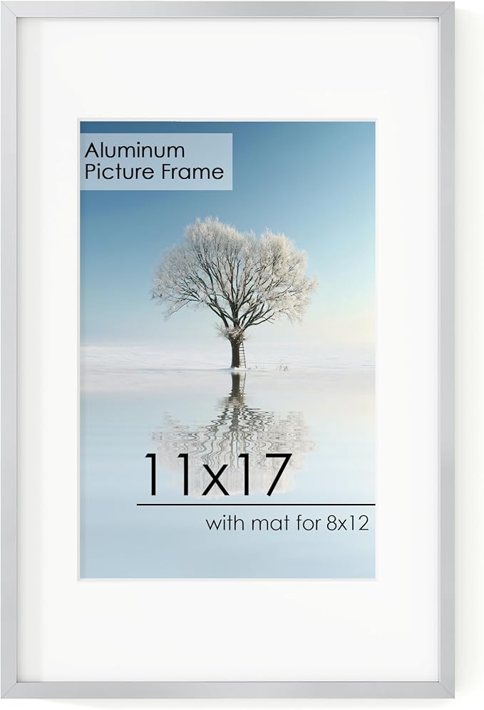 FLYJOE 11x17 Metal Picture Frame for Wall With Mat for 8x12, 11''x17'' Aluminum Photo Frames With Tempered Glass for Home Decor, Minimalist Modern Poster Frame Horizontal And Vertical Formats, Silver