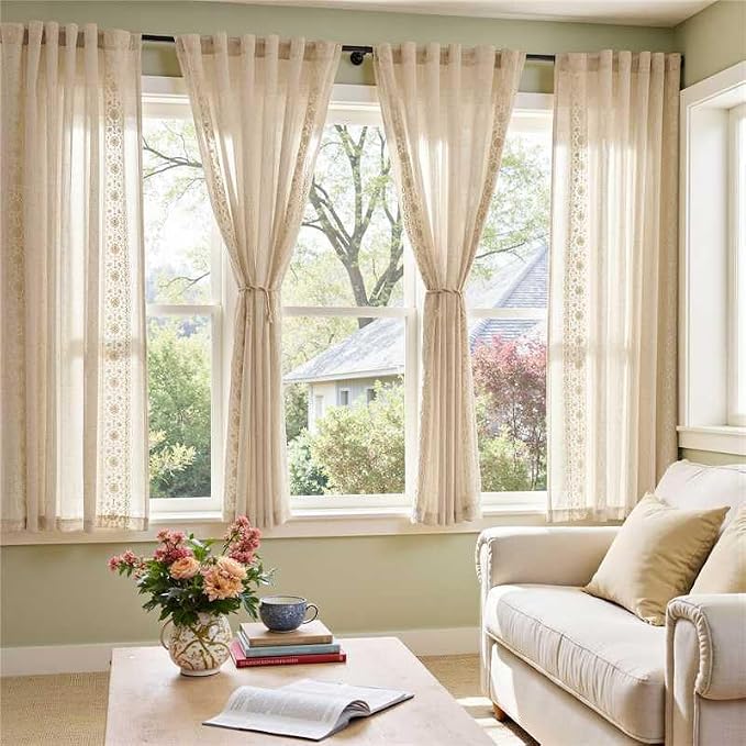 jinchan Weslie Boho Curtains for Bedroom Ivory Vintage Floral Farmhouse Curtains 72 Inches Long Linen Drapes for Living Room Embroidered Drapes Light Filtering Rod Pocket Ivory on Beige 2 Panels