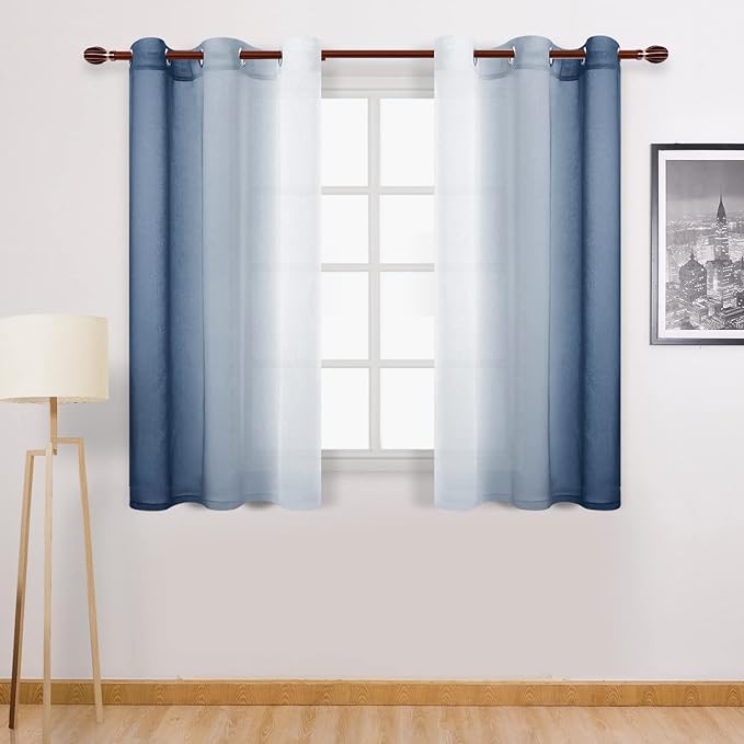 DWCN Blue Faux Linen Ombre Sheer Curtains - Gradient Semi Voile Curtains for Bedroom and Living Room, Set of 2 Grommet Top Window Curtain Panels, 42 x 54 Inches Long, Denim Blue