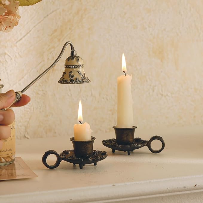 NIKKY HOME Vintage Small Brown Taper Candle Holders Set of 2, Handle Design | Old Fashioned Rustic Metal Candlestick Stand for Table Centerpieces, Dinners, Wedding, Mantel, Housewarming Gift