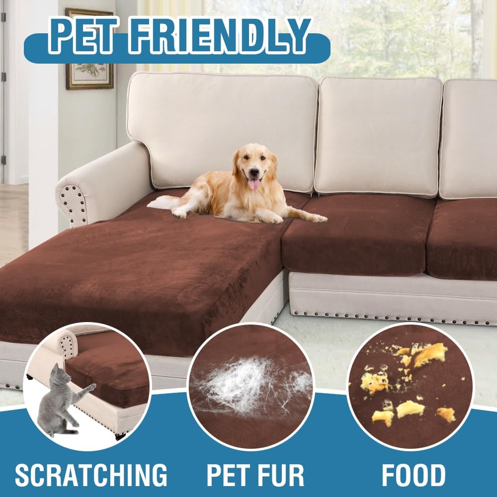H.VERSAILTEX Velvet Stretch Sectional Couch Covers 3 Pieces Sofa Seat Cushion Covers L Shape Separate Couch Cover for Both Left/Right Sectional Couch (Large Sofa 2 Seater + 1 Chaise, Burnt Brick)