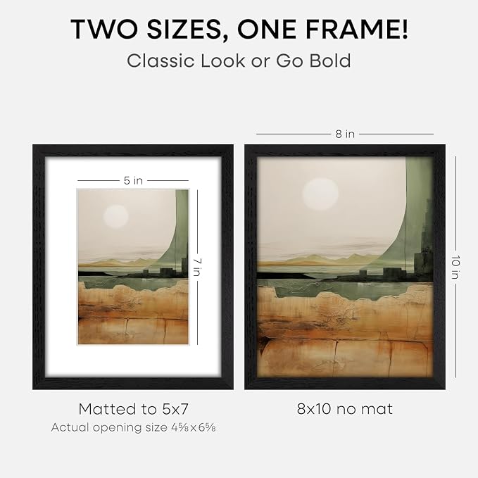 Homeforia 8x10 Picture Frame Black Wood, High End Oak 8 x 10 Wooden Frames with Mat 5 by 7 Print, 8x10 Frame Matted to 5x7 inch Photo, 8by10 Wall or Tabletop Frames, Tempered Glass, Wall Kit, Set of 3