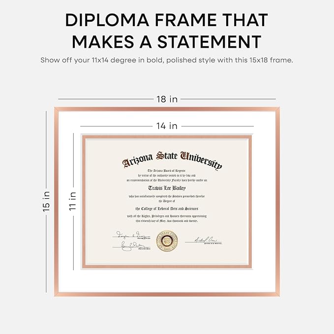 Homeforia 15x18 Diploma Frame Rose Gold, High End Metal 15 x 18 Certificate Frames with Mat 11 x 14, 15by18 Document Frame Matted to 11x14, Graduation Degree Frames, Tempered Glass, Wall Kit, Set of 3