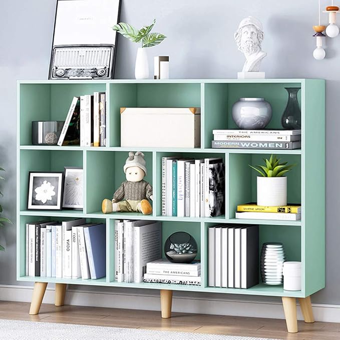 IOTXY Wooden Open Shelf Bookcase - 3-Tier Bookshelf with Leg, Tiffany-Green | Nordic Minimalist Style, MDF Material, Raised Solid Wood Legs, 10 Storage Cubes Display, Floor-Standing Cabinet Organizer