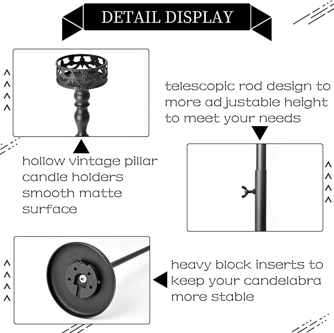 3Pcs Matte Black Floor Candle Holders Centerpieces for Pillar Candles | Adjustable Height,Halloween Metal Candlestick Set,Wedding Party Home Ceremony Mantel Fireplace Decorations