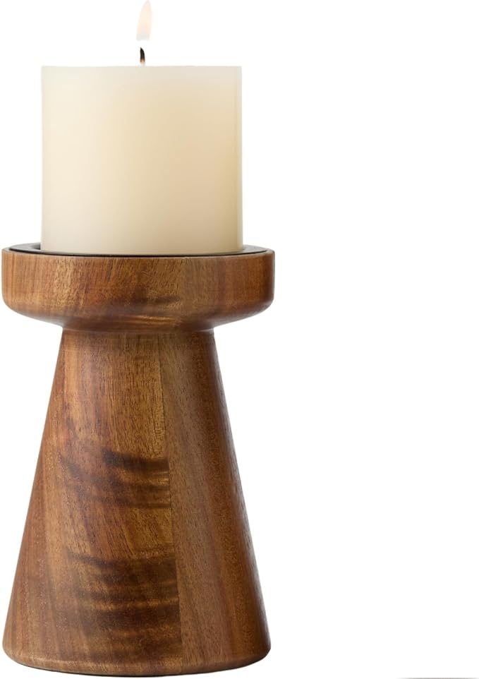 Acacia Wood Candle Holders for Pillar Candles, Vintage Rustic Tall Modern Farmhouse Decor, Decorative Wooden Candlestick Stand for Fireplace Mantel, Table Centerpiece