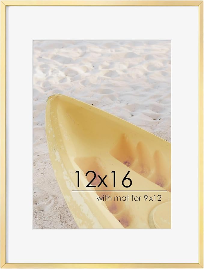 FLYJOE 12x16 Metal Picture Frame for Wall With Mat for 9x12, 12''x16'' Aluminum Certificate Document Frames With Plexiglass, Minimalist Modern Poster Frame Horizontally And Vertically, Gold