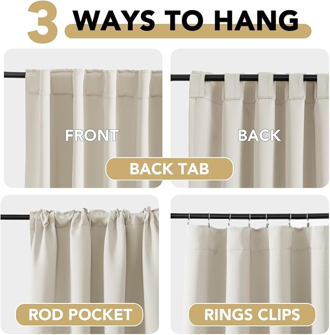 H.VERSAILTEX Back Tab Curtains 102 Inch Long for Living Room, Rod Pocket Room Darkening Thermal Insulated Blackout Curtains, 52 x 102 Inch, Ivory, 2 Panels