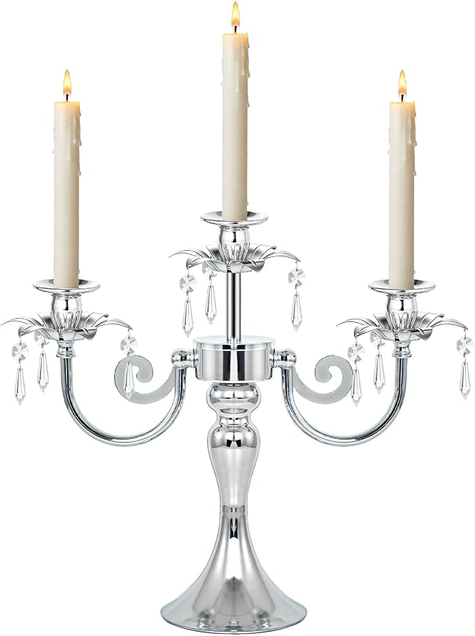 Metal 3 Arm Candelabra with Crystal Pendants - 11.8 Inch Tall Candle Holders, Elegant Taper Candlestick Stand for Wedding, Dining Table, Christmas Party Home Decoration (1pc, Silver)