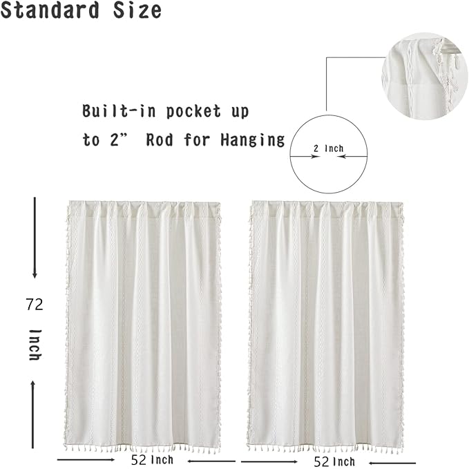 RoomTalks White Modern Farmhouse Textured Curtains for Bedroom Living Room 72’’L x 52’’W Light Filtering French Country Boho Chic Tassel Window Curtain Panels Striped Bohemian Draperies