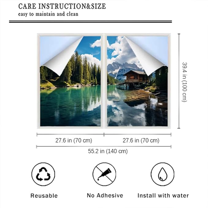 Modern Lake Privacy Window Film Simple Cabin Nature Tree Mountain View Glass Sticker Window Film Home Windows Glass Decorative Door Covering Sun Blocking 27.6Wx39.4L inch x 2pcs