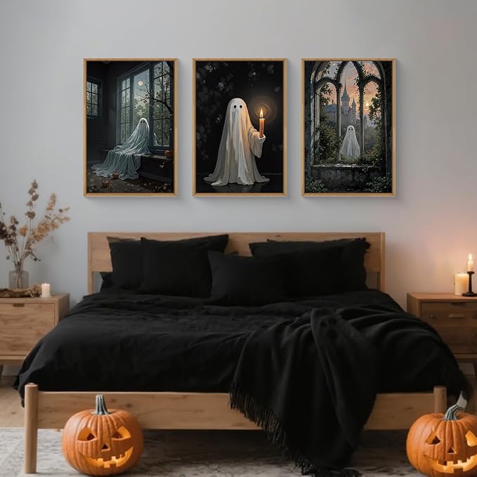 LHIUEM Large Halloween Cute Ghost Framed Canvas Wall Art Set,Vintage Spooky Wall Decor,Retro Dark Prints,Midnight Candle Poster Artwork for Living Room,Bathroom,Dining Room -24"x36"x3